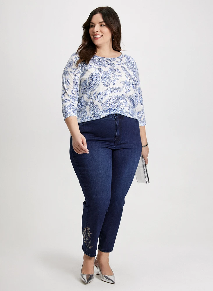 Paisley Print T-Shirt & Embellished Hem Jeans