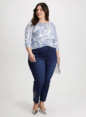 Paisley Print T-Shirt & Embellished Hem Jeans