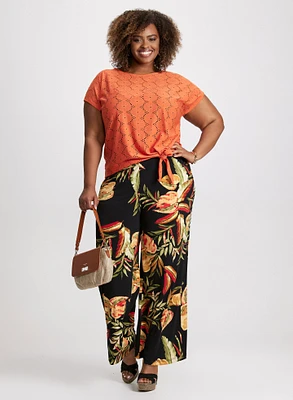 Tie-Front Eyelet Top & Tropical Pull-On Wide Leg Pants