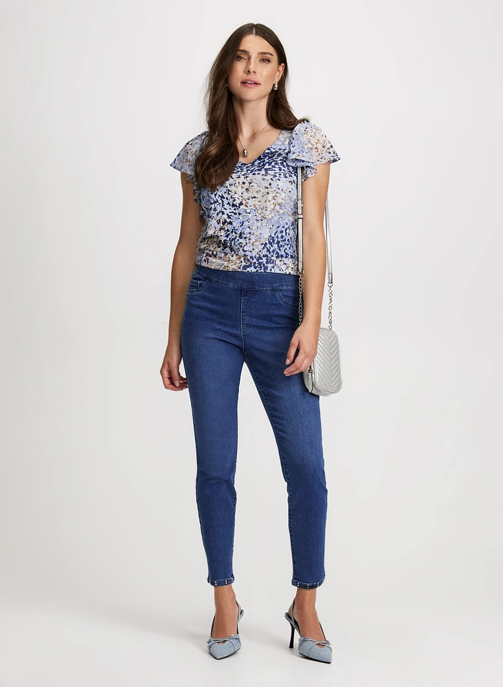 Painted Print Blouse & Pull-On Slim Leg Jeans