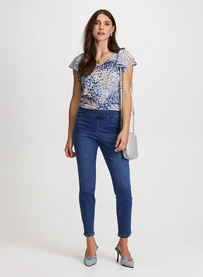 Painted Print Blouse & Pull-On Slim Leg Jeans