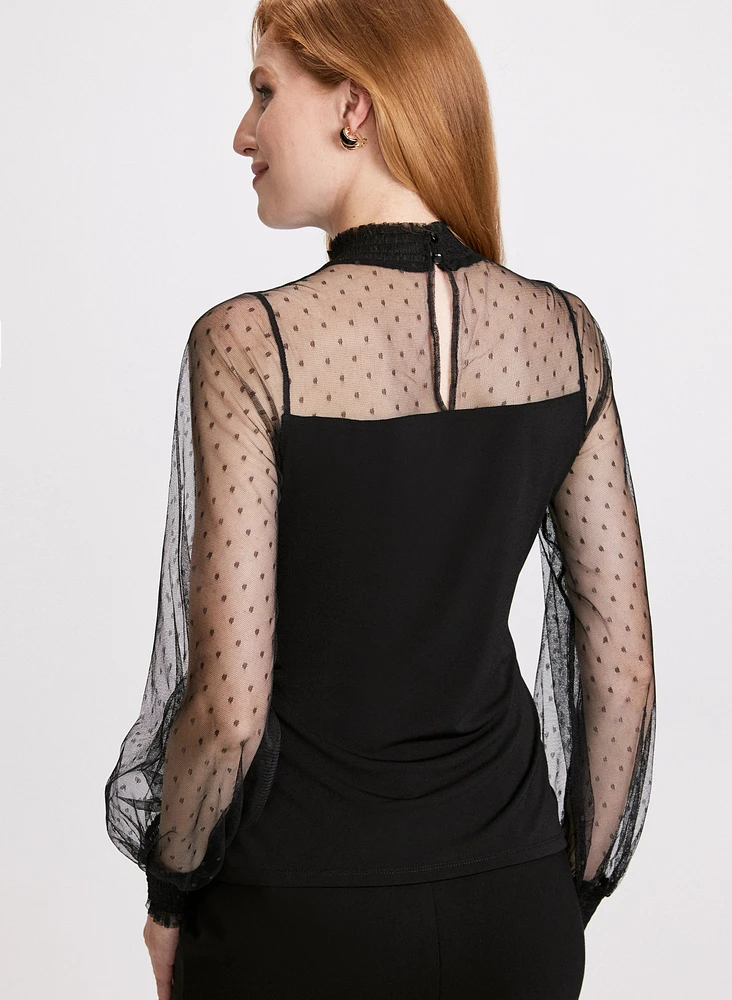 Mock Neck Mesh Sleeve Top