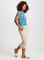 Cuffed Sleeve Paisley Print Top & Cropped Drawstring Hem Cargo Pants