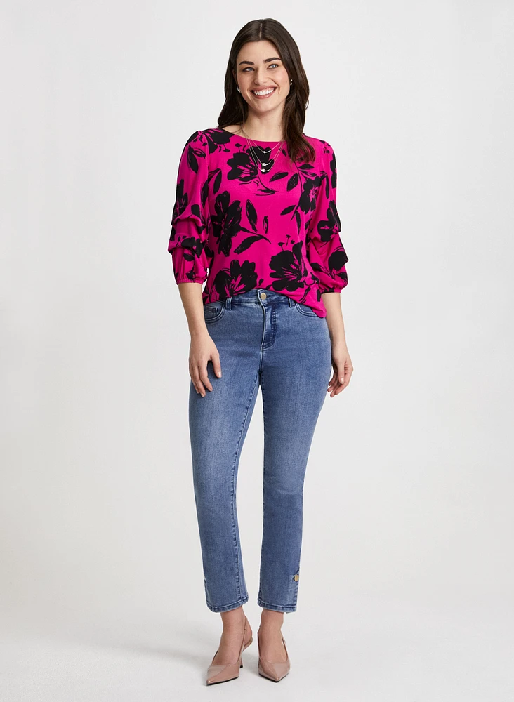 Pinched Sleeve Floral Print Top & Button Hem Jeans