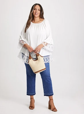 Ruffled Embroidered Blouse & Capri Jeans