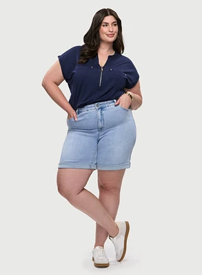 Zipper Neckline T-Shirt & Denim Bermuda Shorts