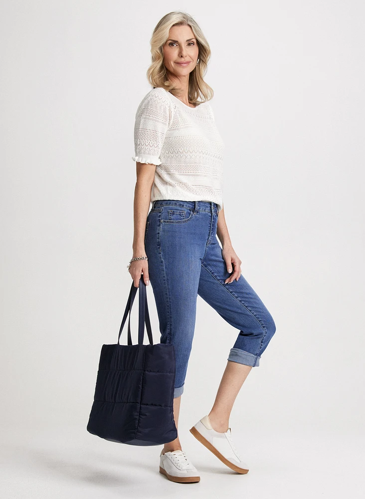 Pointelle Knit Top & Rolled-Cuff Denim Capris