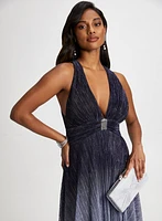 Metallic Crinkle V-Neck Gown