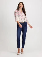 Puff Sleeve Floral Blouse & Embellished Hem Ankle Jeans