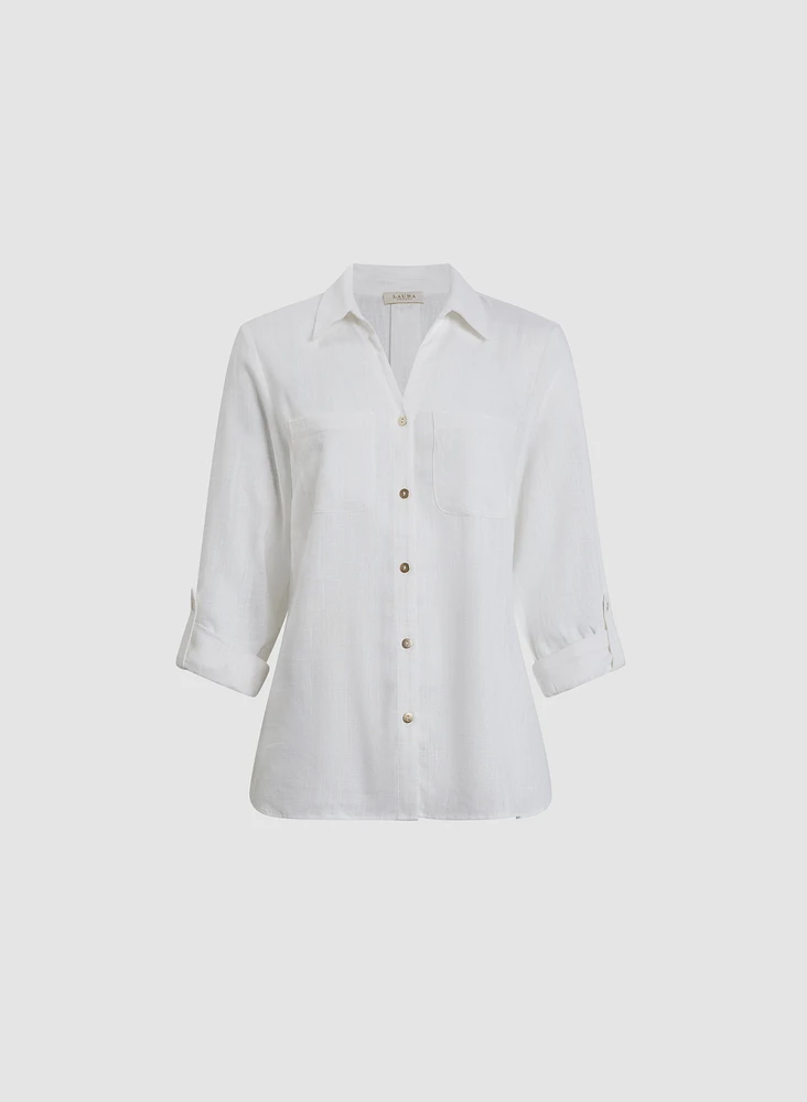 Linen-Blend Roll-Up Sleeve Blouse