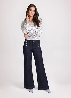 Embossed Button Wide-Leg Jeans