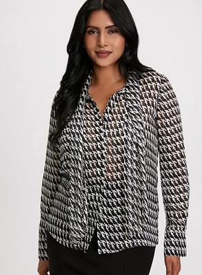 Houndstooth Print Chiffon Blouse