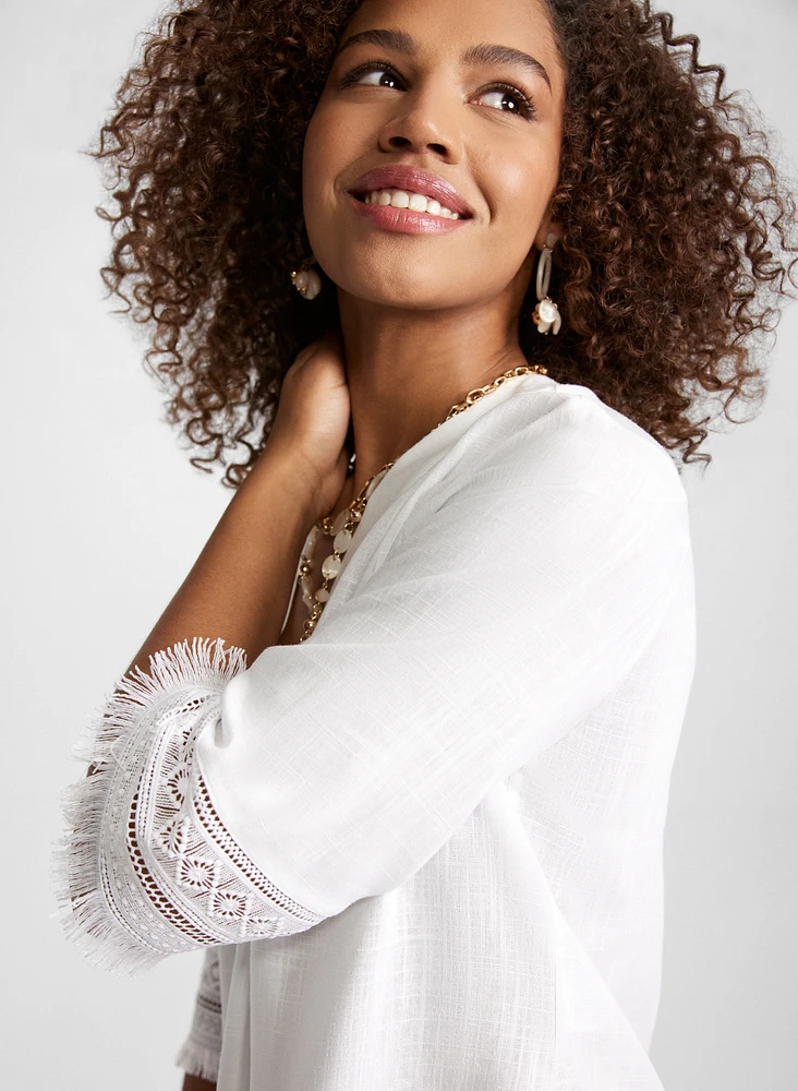 Blouse en mélange de lin avec manches à broderies et franges