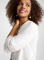 Blouse en mélange de lin avec manches à broderies et franges