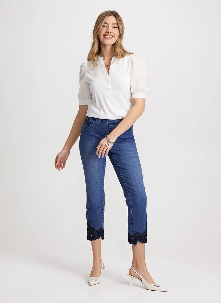 Puff Sleeve T-Shirt & Embroidered Hem Jeans