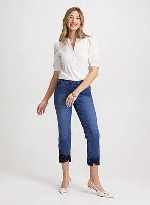 Puff Sleeve T-Shirt & Embroidered Hem Jeans