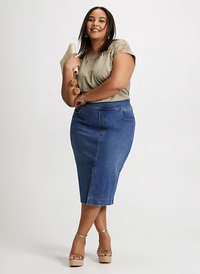 Floral Lace Detail Burnout Tee & Denim Pencil Skirt