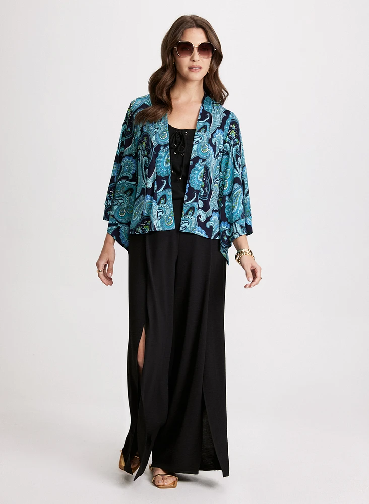 Paisley Open Front Top & Slit Wide Leg Pants