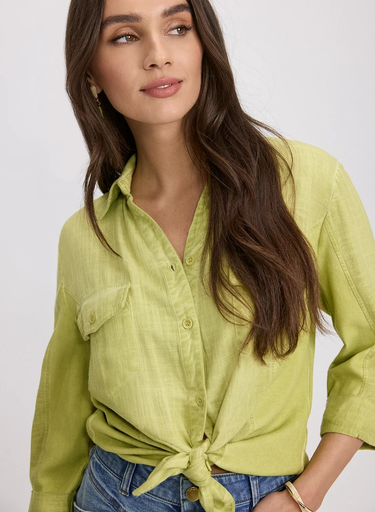 Blouse en mélange de lin hachuré croisé