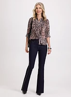 Animal Print Ruffle Front Blouse & Flare-Leg Beaded Detail Jeans