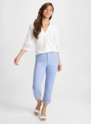 Fringe Sleeve Linen Blouse & Straight Leg Denim Capris