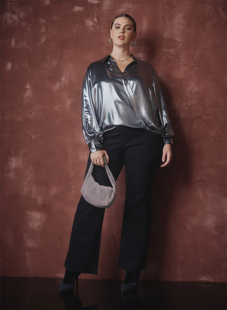 Metallic Wrap-Style Blouse