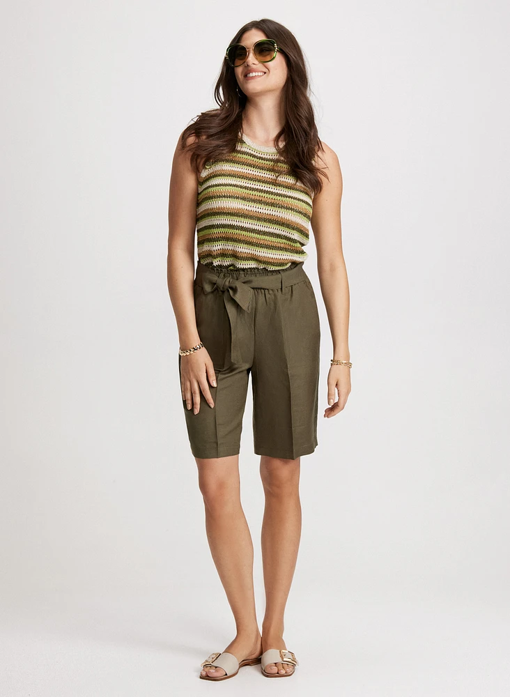 Short ceinturé en mélange de lin