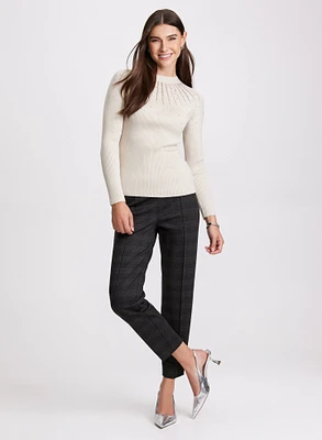 Embellished Sheer Insert Sweater & Plaid Print Slim-Leg Pants