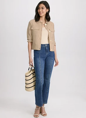 Short Linen Jacket & Flare-Leg Jeans