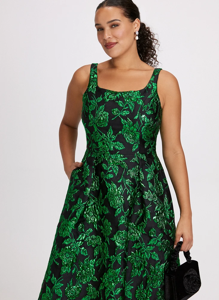 Robe midi florale métallique