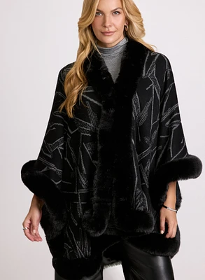 Abstract Faux Fur Trim Poncho