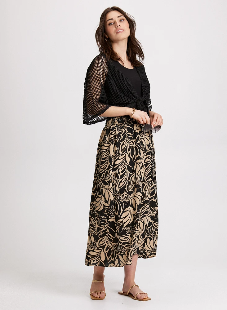 Tie-Front Crochet Top & Leaf Print Maxi Skirt