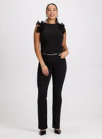 Sleeveless Ruffled Shoulder Top & Rhinestone Trim Straight Leg Jeans