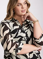 Leaf Print Button-Down Tunic Blouse