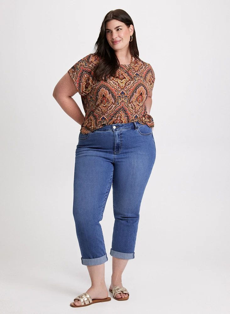 Paisley Print T-Shirt & Rolled Cuff Denim Capris