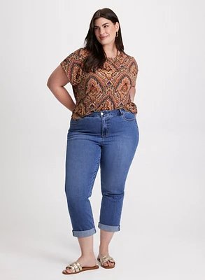 Paisley Print T-Shirt & Rolled Cuff Denim Capris