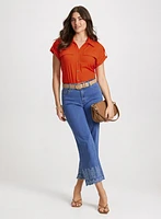 Button Down Blouse & Embroidered Hem Jeans