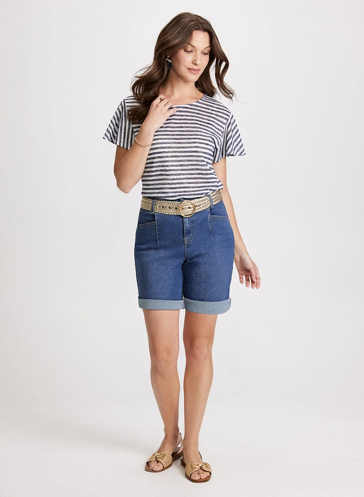 Flare Sleeve T-Shirt & Belted Denim Shorts