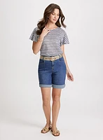 Flare Sleeve T-Shirt & Belted Denim Shorts