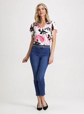 Floral Flutter Sleeve Top & Pull-On Slim Leg Jeans