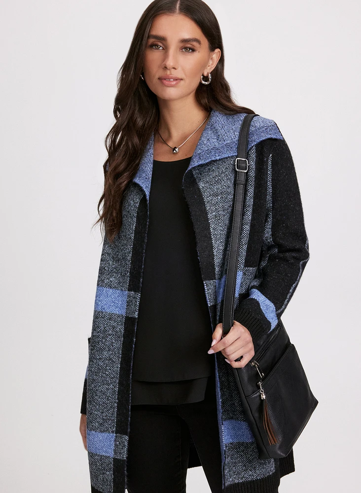 Plaid Print Open-Front Cardigan