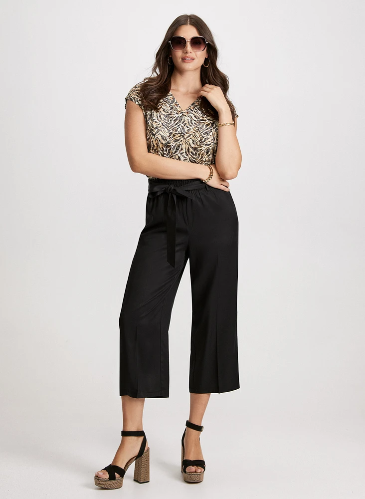 Animal Print Eyelet Tee & Belted Elastic Waist Pants