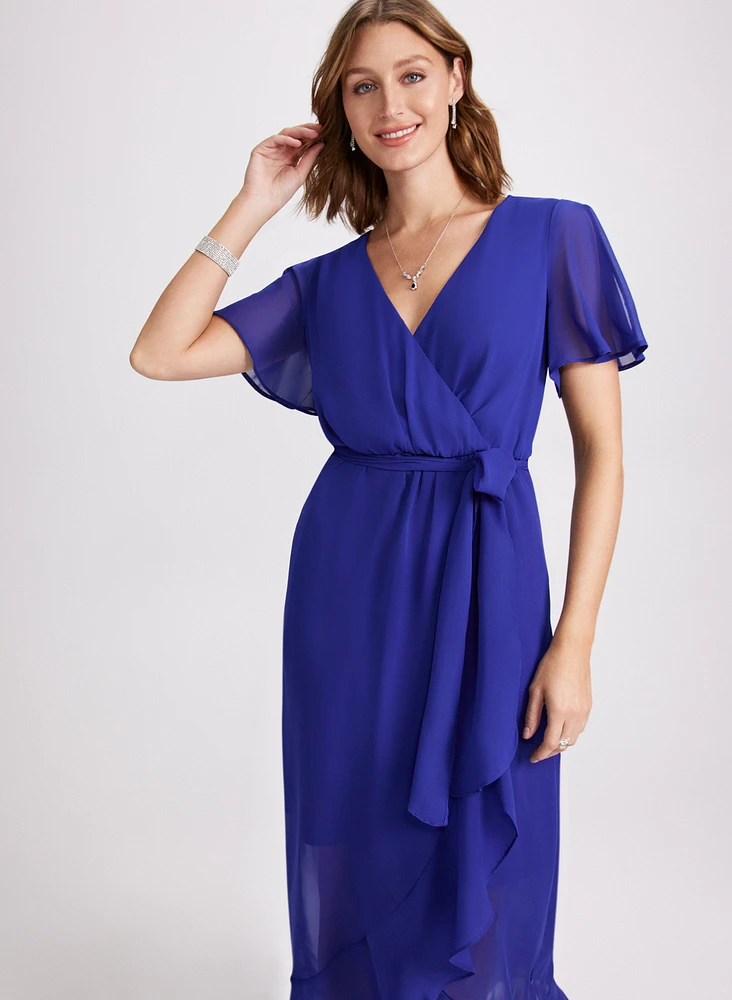 Flare Sleeve Wrap-Over Dress