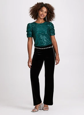 Ruched Sleeve Sequin Top