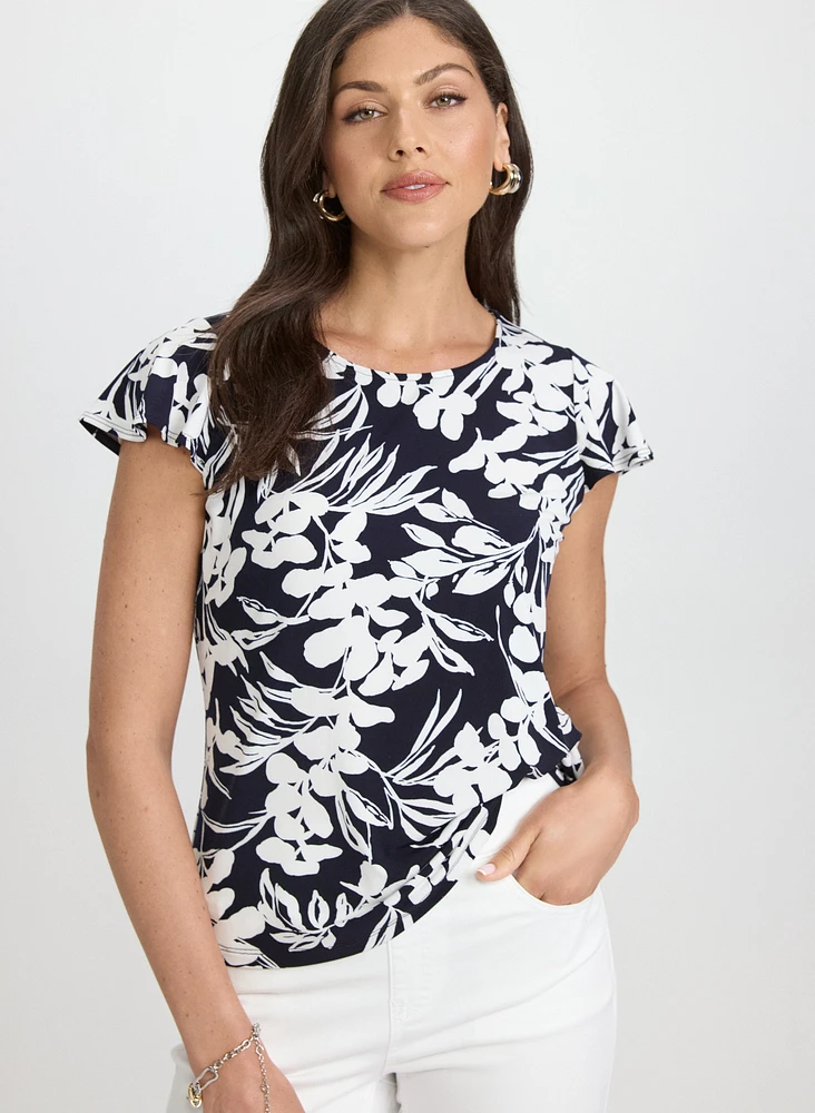 T-shirt floral à manches volantées