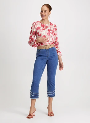 Floral Smocked Hem Blouse & Pull-On Frayed Denim Capris