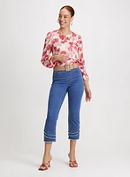 Floral Smocked Hem Blouse & Pull-On Frayed Denim Capris