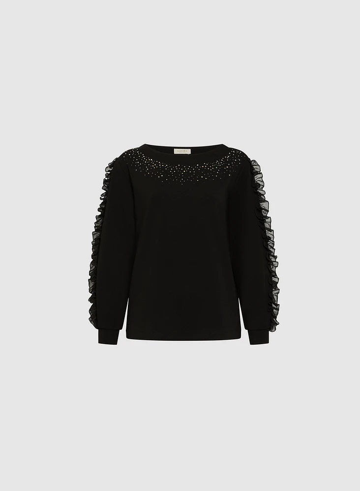 Ruffle Sleeve Rhinestone Embellished Top