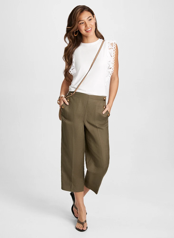 Crochet Cap Sleeve Top & Wide Leg Linen Capris