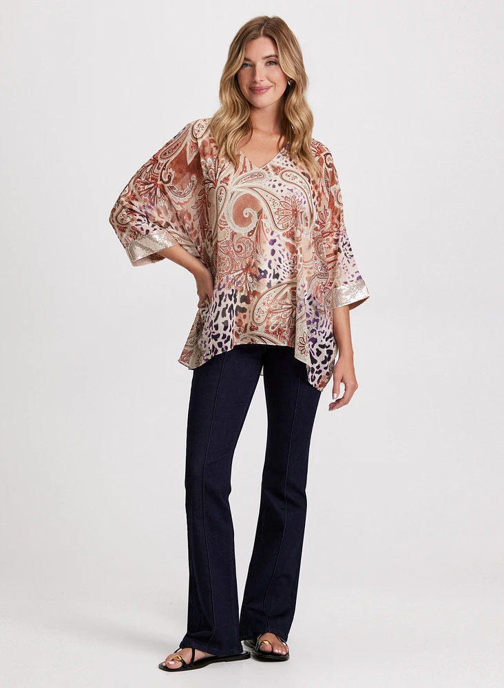 Paisley Print Blouse & Pintuck Jeans